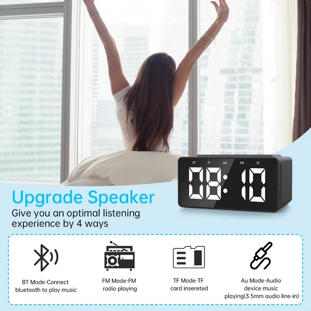 Alarm Clock Radio with Wireless Charging & USB Port, Bluetooth Speaker, Dimmable LED Display with 3 Level, TF Card & Aux Playback, Night Light, Digital Clock for Bedroom(Black)