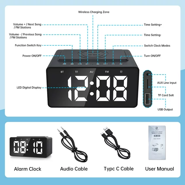 Alarm Clock Radio with Wireless Charging & USB Port, Bluetooth Speaker, Dimmable LED Display with 3 Level, TF Card & Aux Playback, Night Light, Digital Clock for Bedroom(Black)